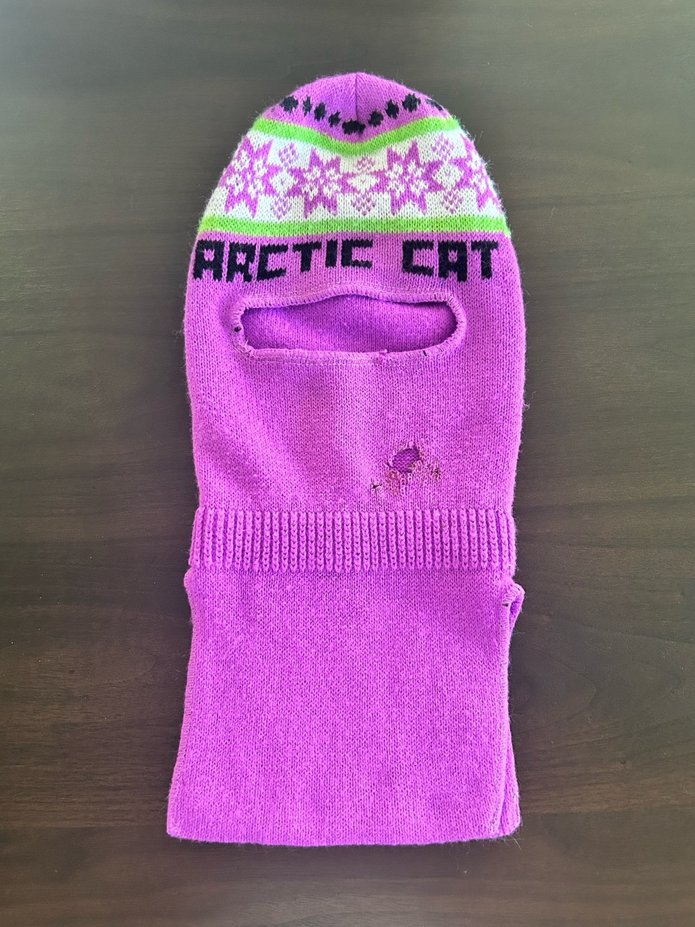 Arctic Cat Vintage Purple Balaclava Ski Mask Winter Snowflake Knit Flaws